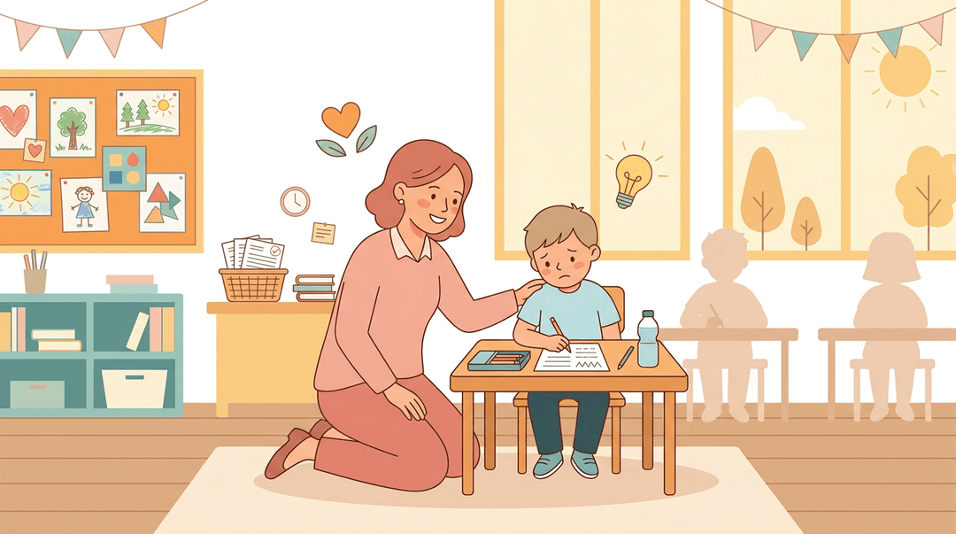 A teacher kneels beside a slumped student, offering support while icons symbolize patience and understanding in a cozy classroom.