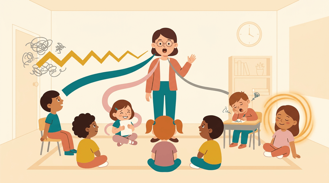 A teacher's voice appears as colorful ribbons, showing how tone affects students' reactions in a classroom.