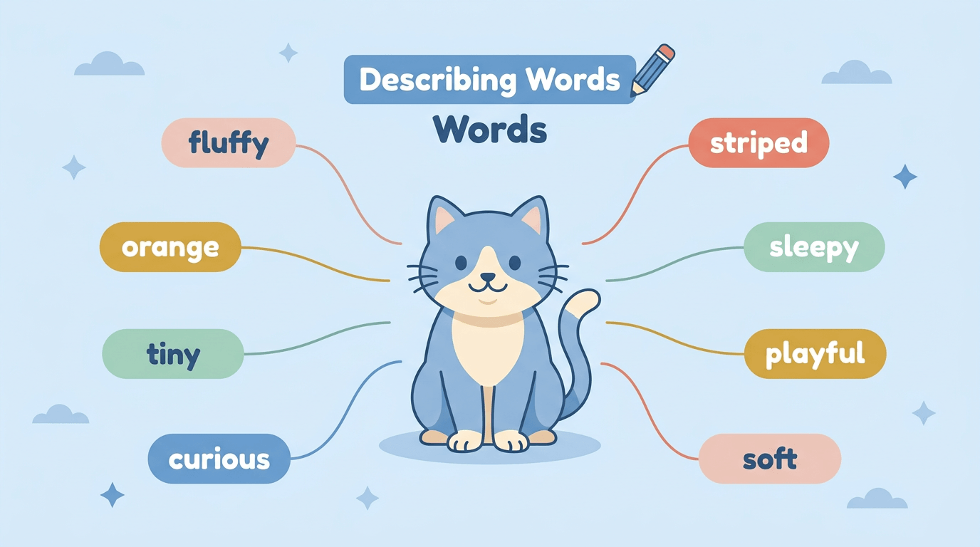Classroom chart showing a blue cat described by eight adjective bubbles like fluffy and curious under a 'Describing Words' banner.