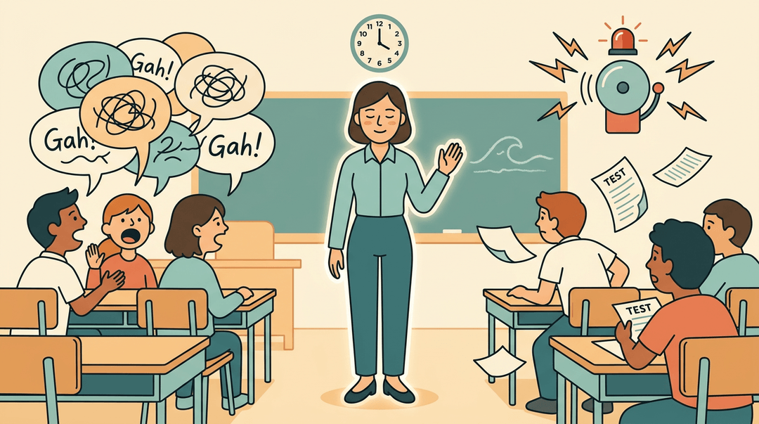 A calm teacher stands centered in a chaotic classroom, surrounded by noise and chaos while remaining serene and composed.