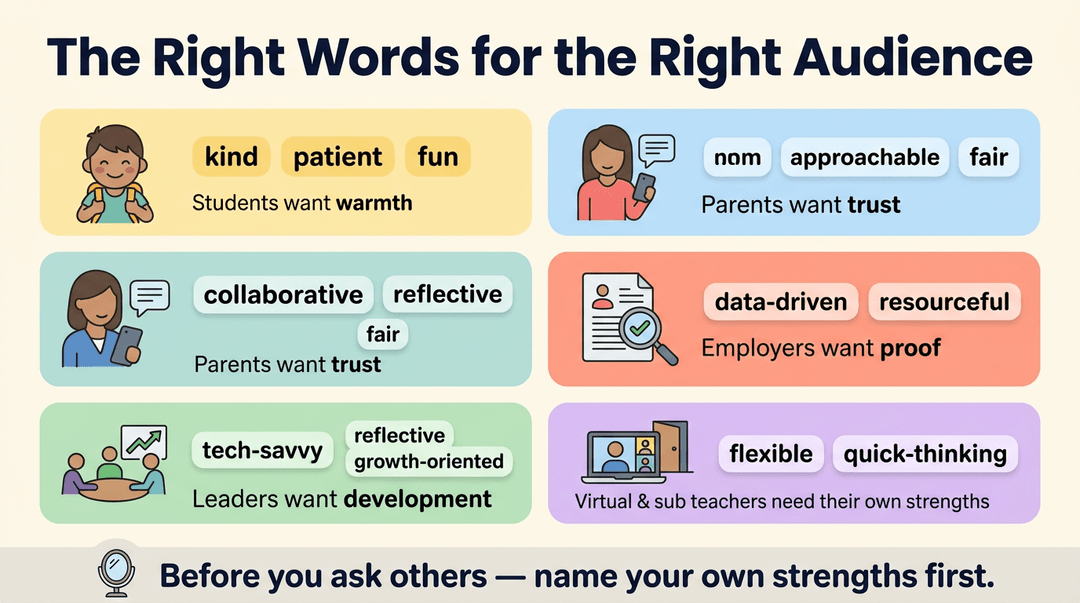 Infographic showing tailored communication words for students, parents, leaders, employers, and subs with a footer on self-reflection.