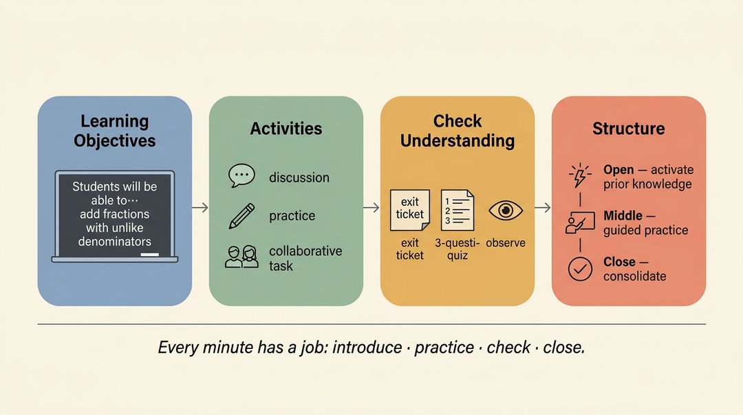 A four-panel flow diagram shows a lesson plan's objectives, activities, checks for understanding, and structure.