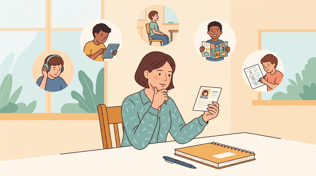 A teacher thoughtfully reviews a student profile card, surrounded by icons representing diverse student needs.