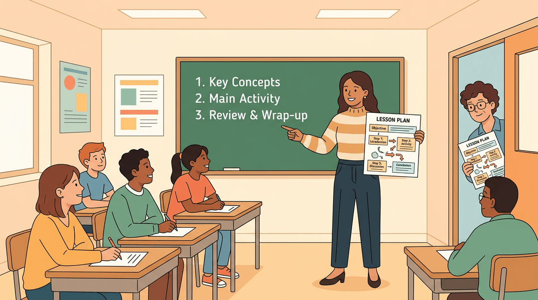 A confident teacher presents a lesson to engaged students, while a substitute teacher peeks in, holding the same plan.
