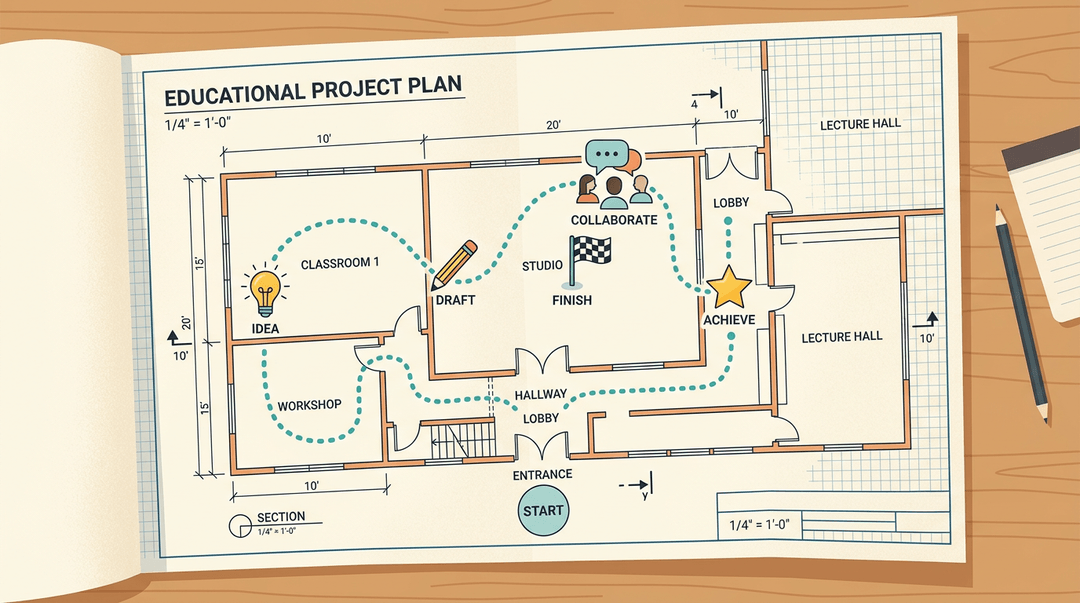 A blueprint shows a dotted path from