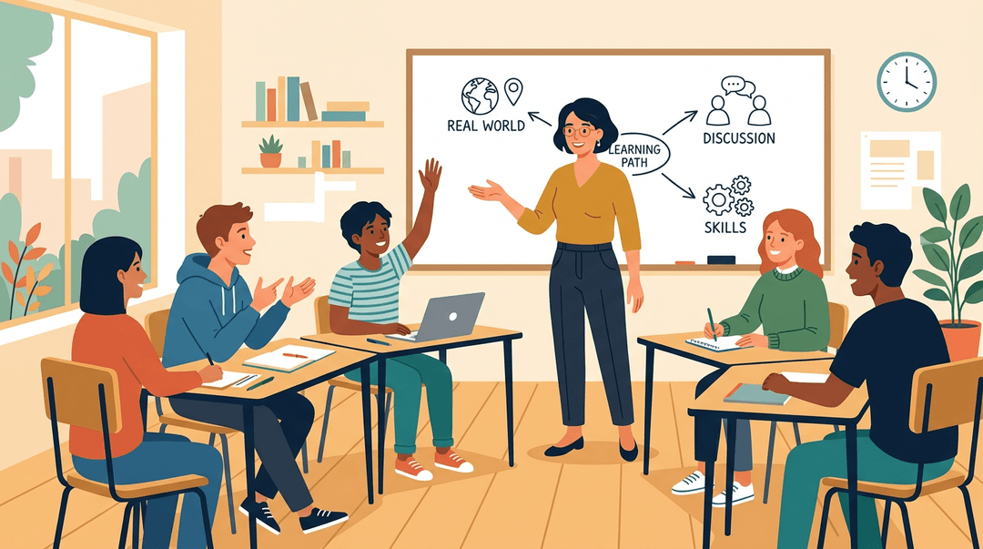 A teacher gestures to four engaged high school students seated in a circle, with a branching diagram on the whiteboard behind them.