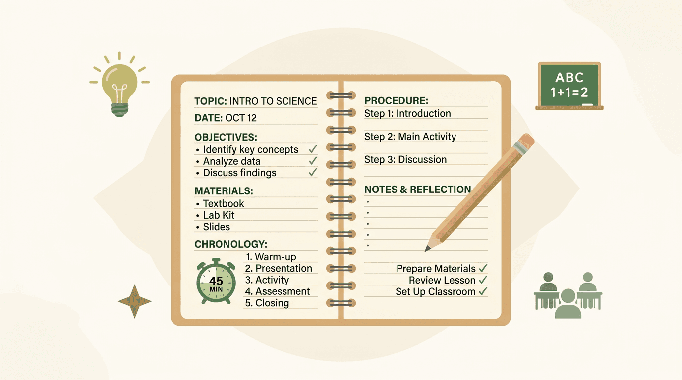 An open notebook with a lesson plan, a pencil, and orbiting educational icons including a lightbulb and student silhouettes.