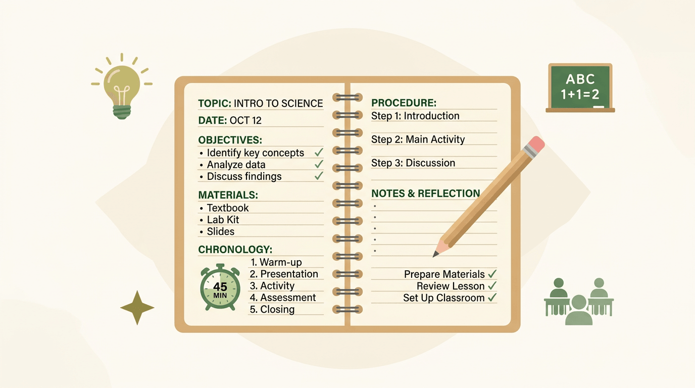 An open notebook with a lesson plan, a pencil, and orbiting educational icons including a lightbulb and student silhouettes.
