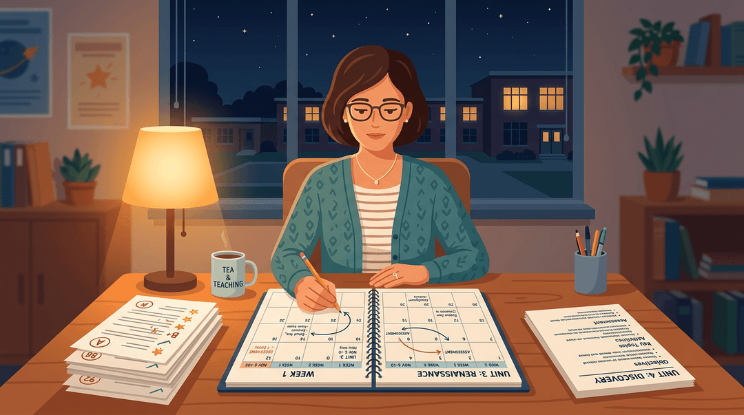 A teacher, illuminated by a warm lamp, thoughtfully plans lessons at their desk late at night.