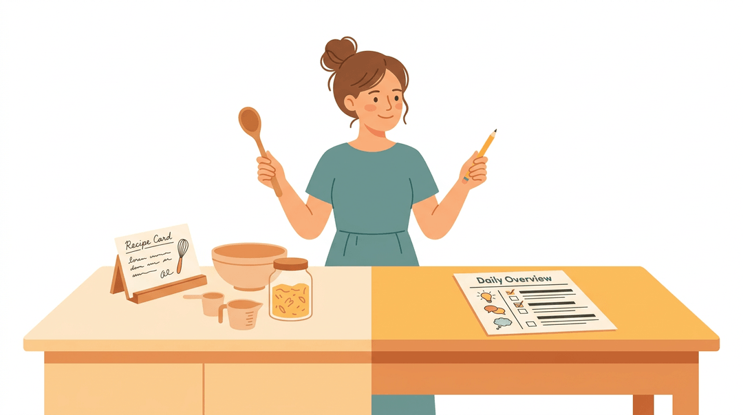 A teacher expertly balances cooking and lesson planning, holding a spoon and pencil between a recipe and a lesson plan.