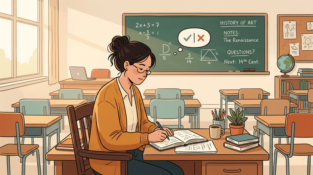 A teacher sits reflectively at her desk after class, writing in a notebook about what worked and didn't in her lesson.