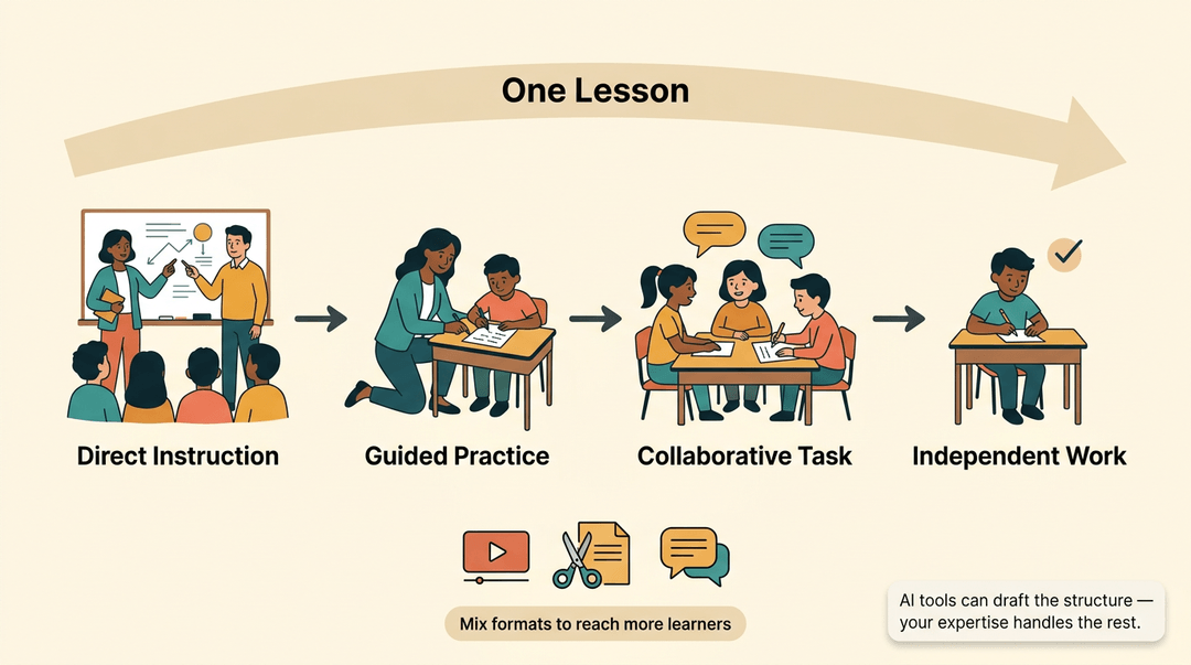 A four-stage lesson arc (Direct Instruction, Guided Practice, Collaborative Task, Independent Work) with icons for mixed learning formats.