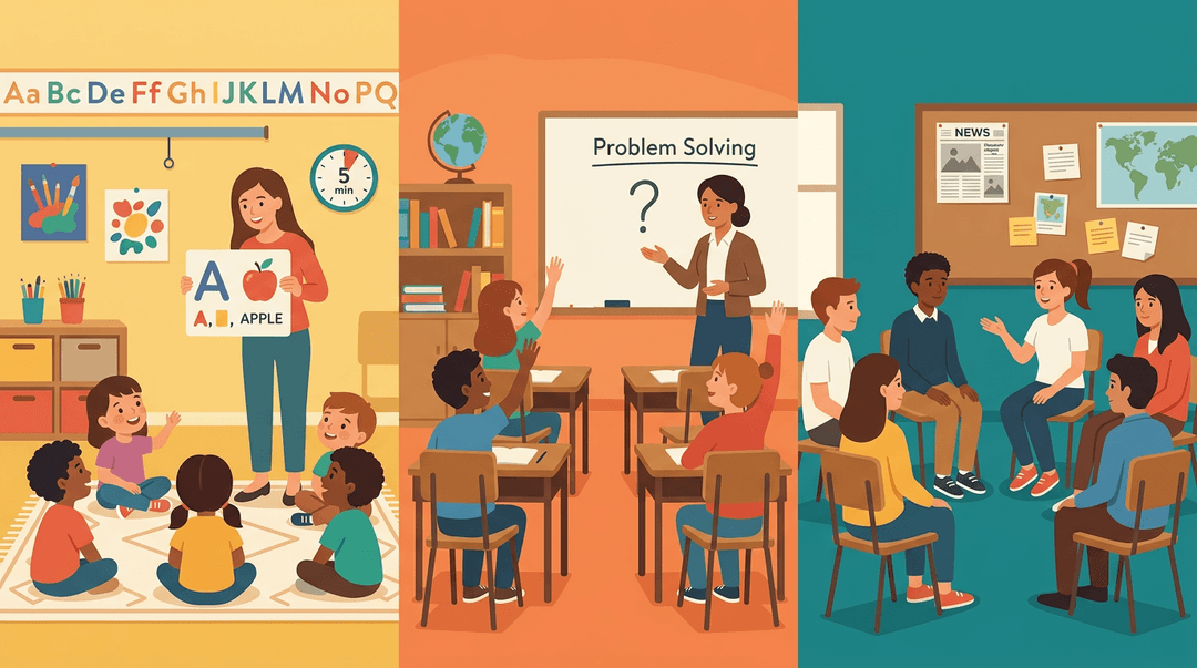 Three flat vector panels depict diverse classroom scenes: elementary, middle school, and high school, each with a teacher and students.