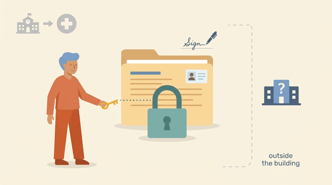 A locked file folder is unlocked by a parent holding a key, while an outside party remains barred, illustrating parental control over student records.
