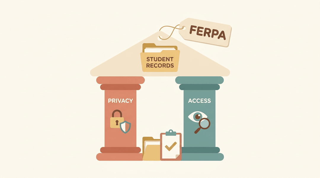 A temple with pillars labeled Privacy and Access supports a roof icon for Student Records, with a floating FERPA tag above.