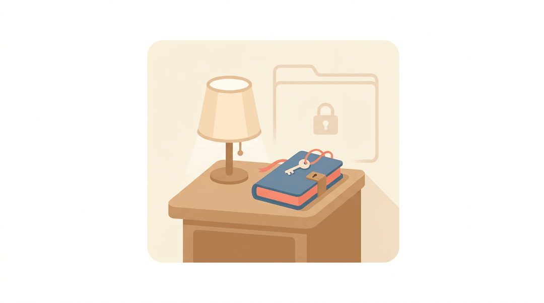 A lamp and locked diary sit on a nightstand, with a translucent school folder outline in the background suggesting privacy.