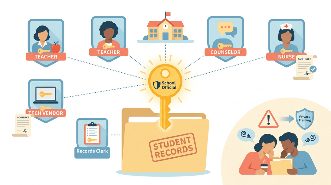 A golden key unlocks student records, with icons showing authorized access and staff privacy training to prevent gossip.