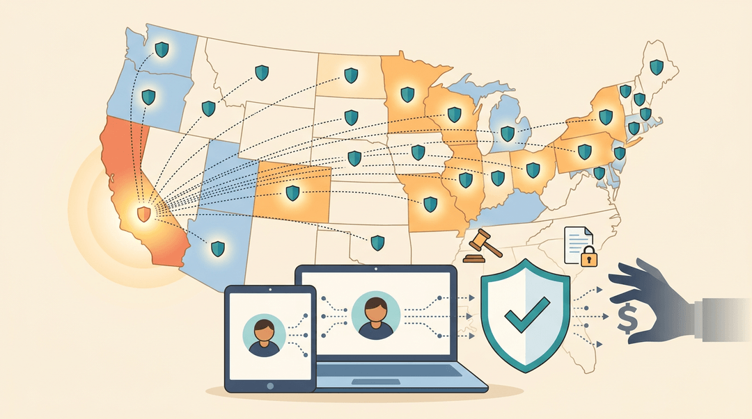 Map shows California spreading legal protection to other states while a shield blocks commercial data misuse from ed-tech vendors.