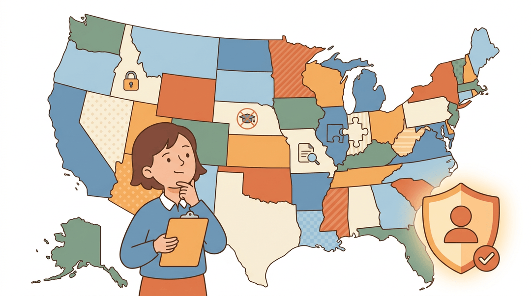 A teacher looks at a patchwork US map of state laws while a shield icon representing FERPA protection stands in the foreground.