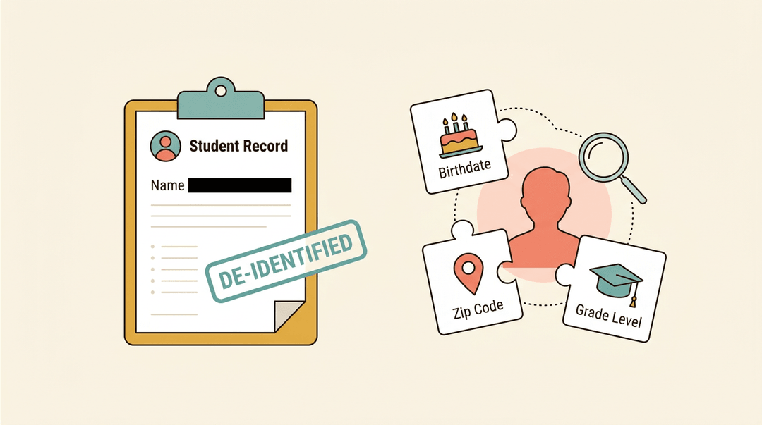 A redacted student record on the left contrasts with scattered data points reassembling into a silhouette on the right, highlighting re-identification risks.