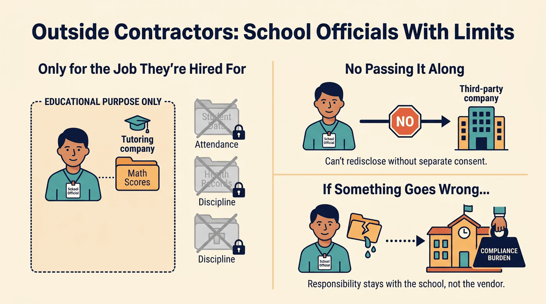 Three-panel infographic illustrating FERPA rules for school contractors regarding limited data access, no redisclosure, and school liability.