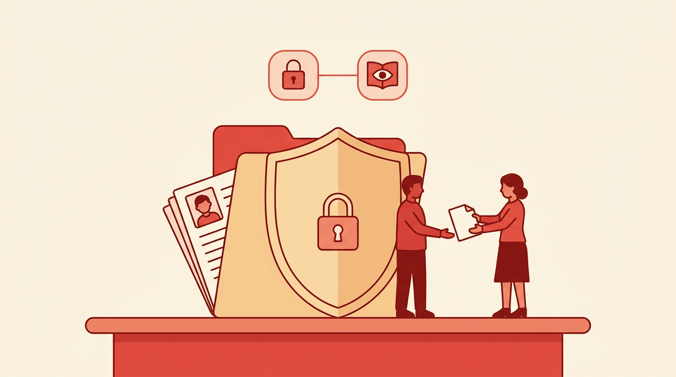 A manila folder shield protects student records while a teacher and parent exchange documents, balancing privacy with access rights.