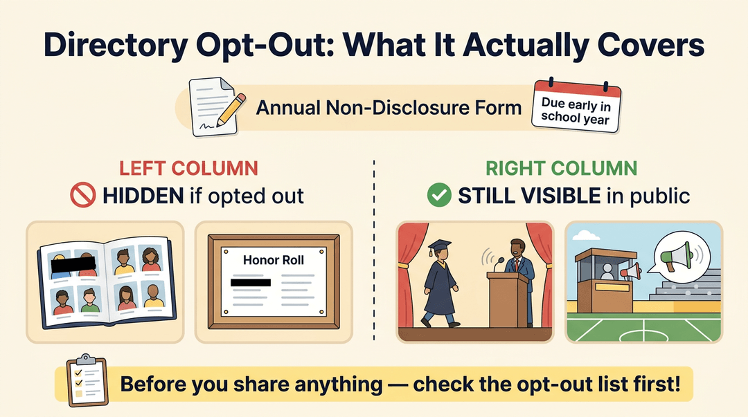 Infographic comparing hidden student data versus still-visible public information when parents opt out.
