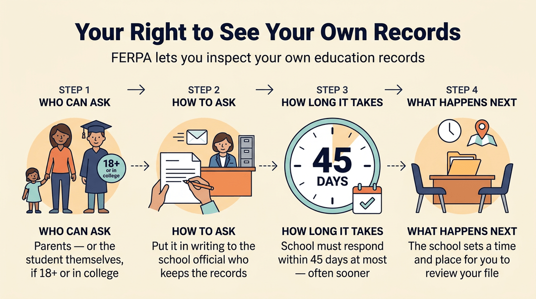 Infographic explaining FERPA rights to inspect records through four steps: who can ask, how to request, the 45-day timeline, and review logistics.