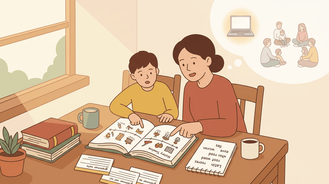 Parent and child lean over a history timeline at a cozy table, exploring learning together in a warm, inviting scene.