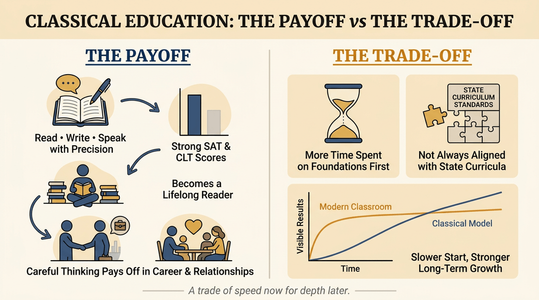 Infographic comparing classical education's long-term benefits against trade-offs like slower starts and curriculum misalignment.