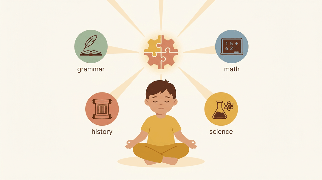 A child meditates beneath a glowing gear of puzzle pieces, with light beams connecting to icons for grammar, math, history, and science.