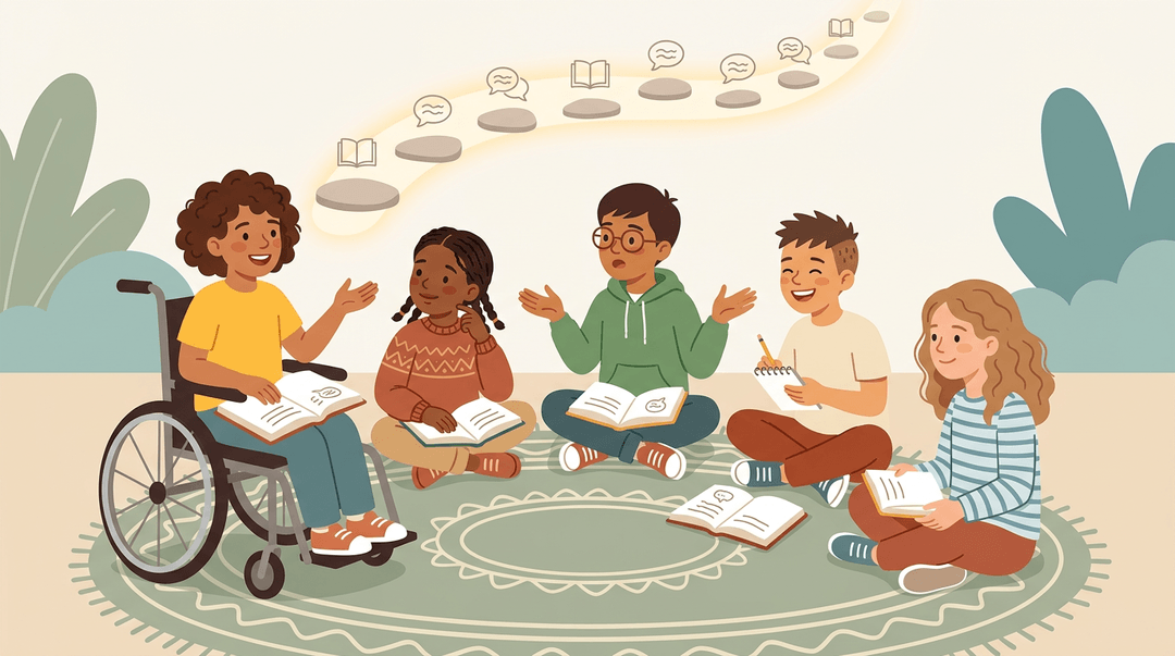 Diverse children sit in a circle discussing books, with one in a wheelchair speaking, symbolizing inclusive learning through conversation.