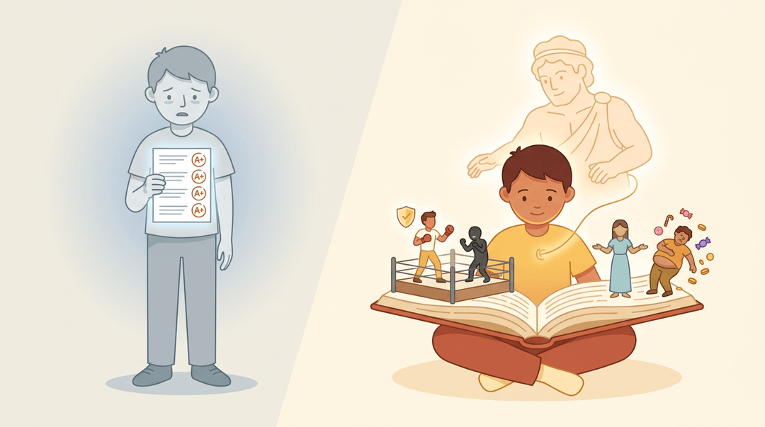 A student reads a storybook where characters embody courage and temperance, symbolizing character growth over academic grades.