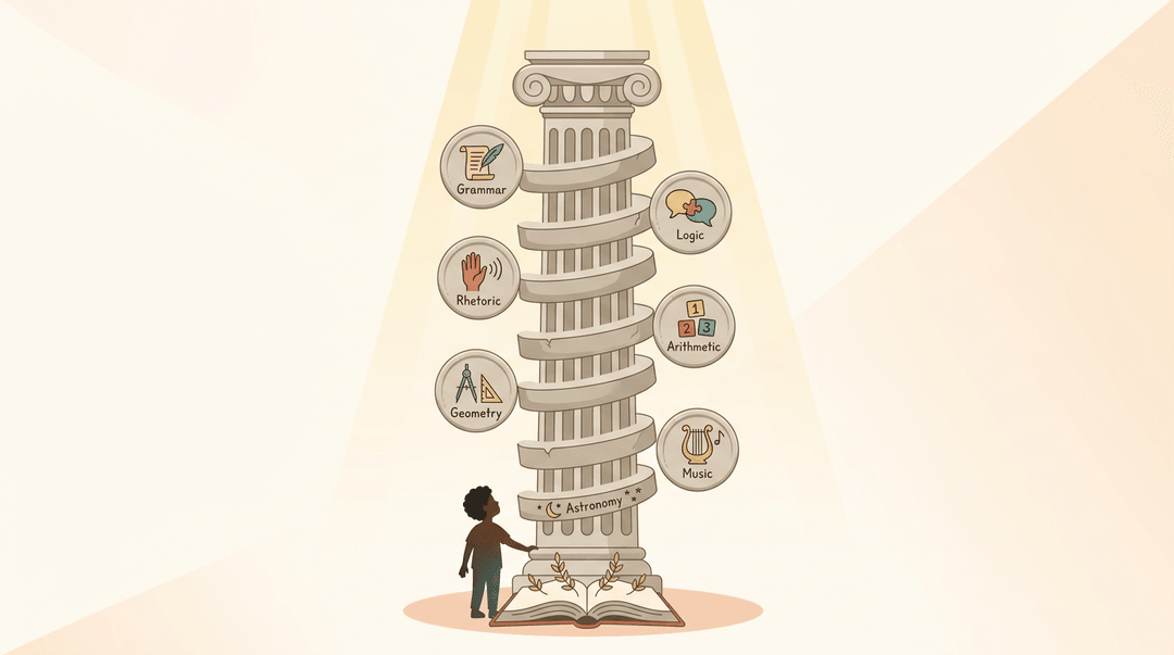 A student stands by an open book, looking up at a pillar spiraling with seven medallions representing the liberal arts.