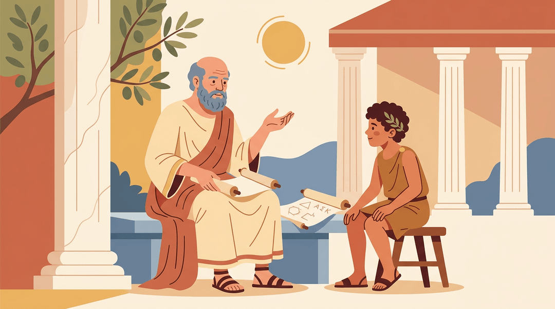 A bearded philosopher in a toga teaches a young boy with a scroll in a sunlit courtyard.