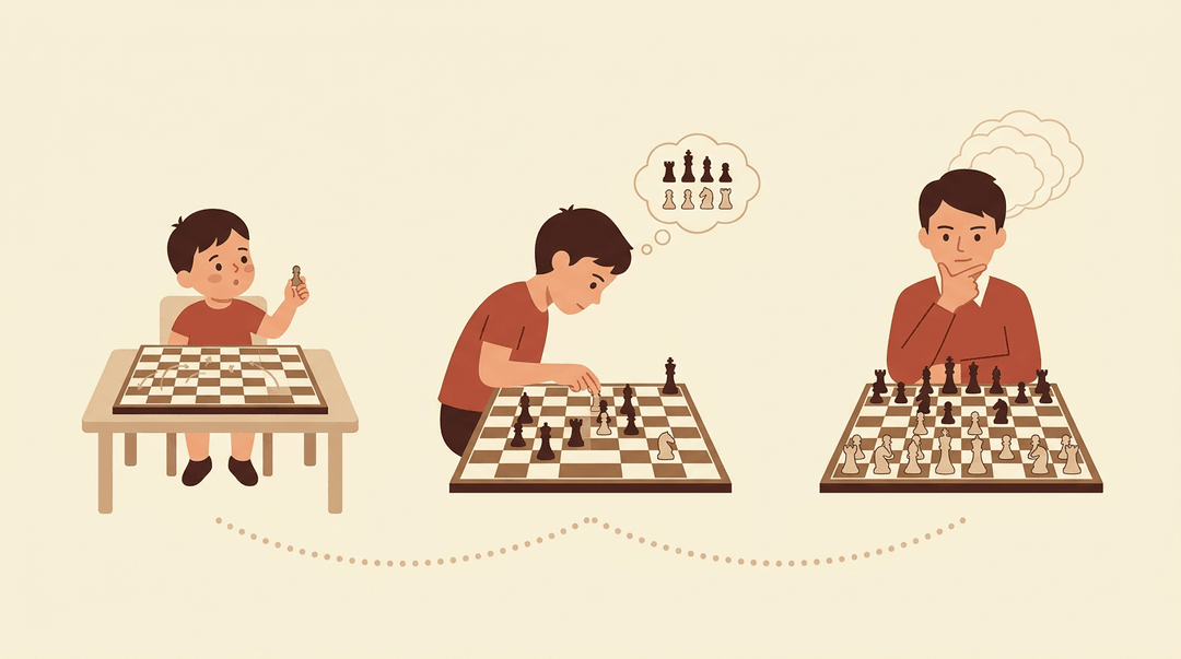 Three scenes show a child progressing from learning basic chess moves to deep strategic thinking.