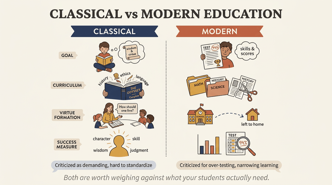 Infographic comparing classical and modern education across goals, curriculum, virtue, and success metrics with distinct visual styles for each.