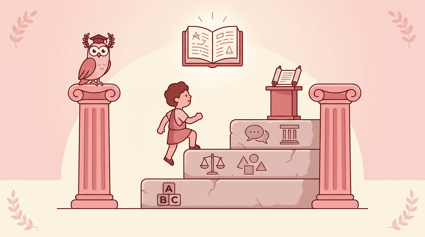 A child climbs stone steps engraved with grammar, logic, and rhetoric symbols, flanked by columns and an owl, reaching for a glowing book.