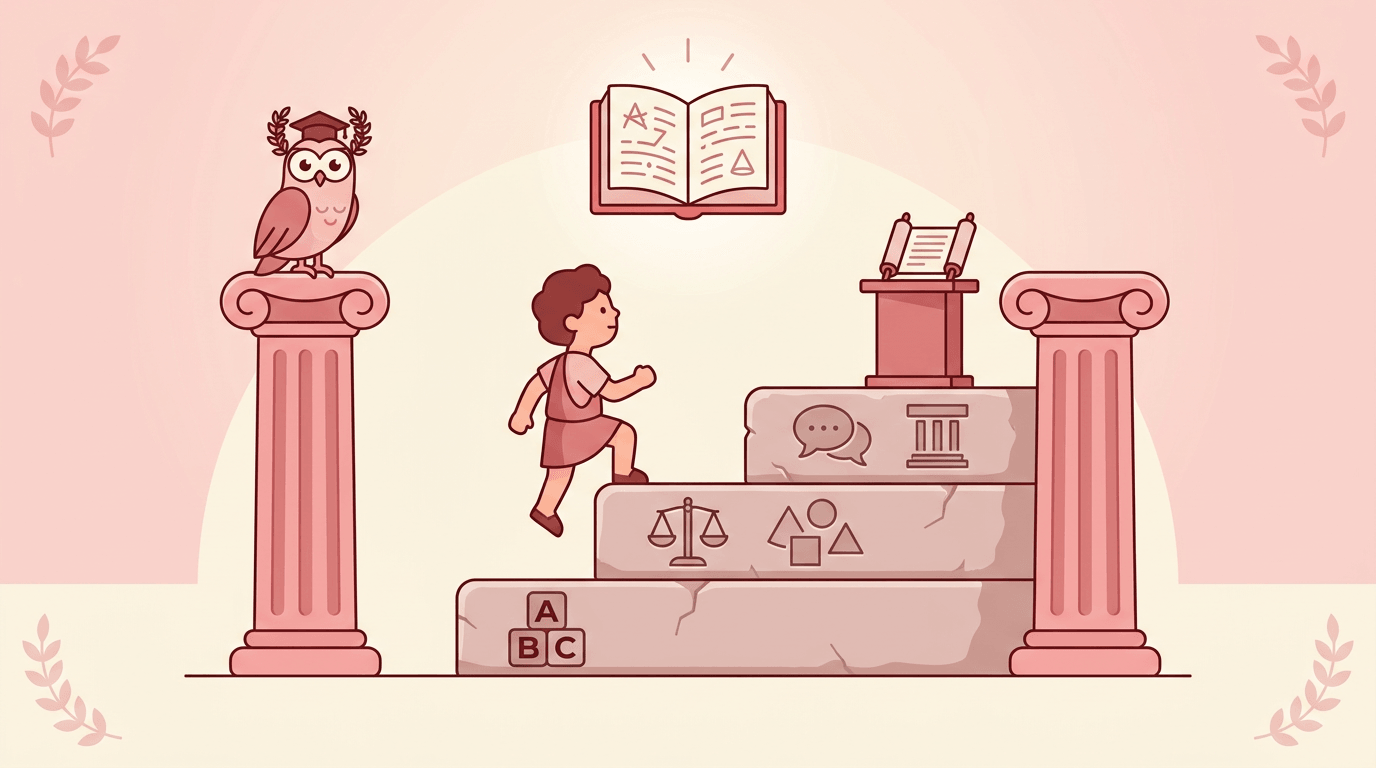A child climbs stone steps engraved with grammar, logic, and rhetoric symbols, flanked by columns and an owl, reaching for a glowing book.