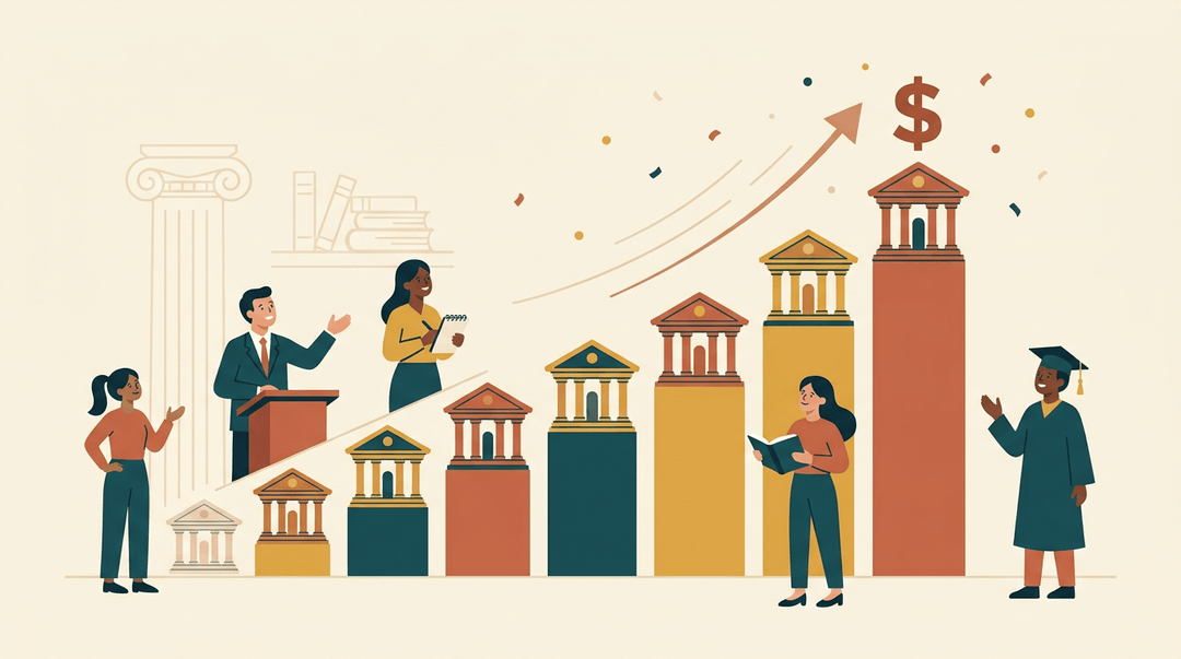 Bar chart shaped like classical buildings rises as diverse figures look up, symbolizing growing investment in education.