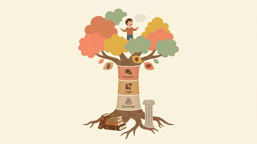 A tree of knowledge with roots in books and a trunk showing the trivium stages, topped by a student presenting ideas.