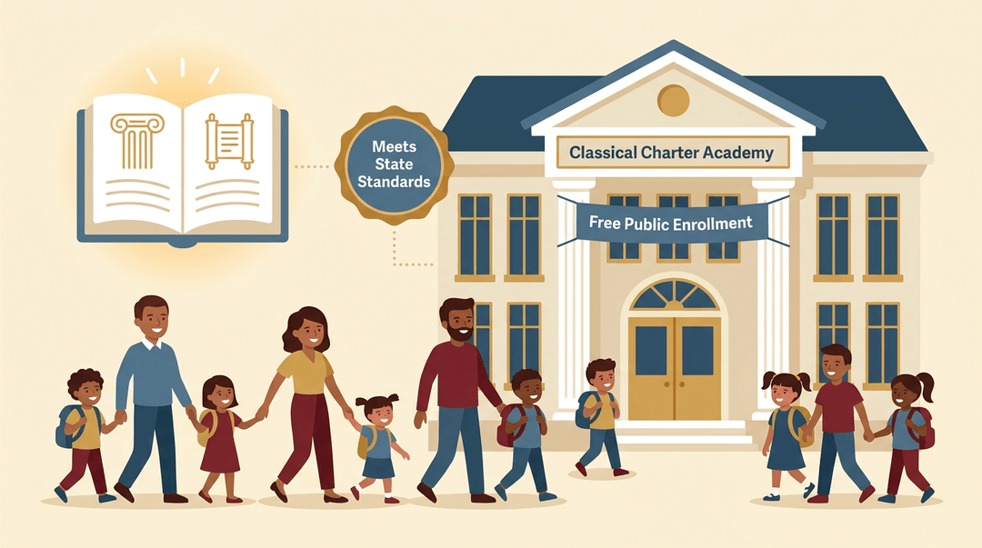 Diverse families enter Classical Charter Academy, a public school meeting state standards, symbolized by an open book of classic texts.