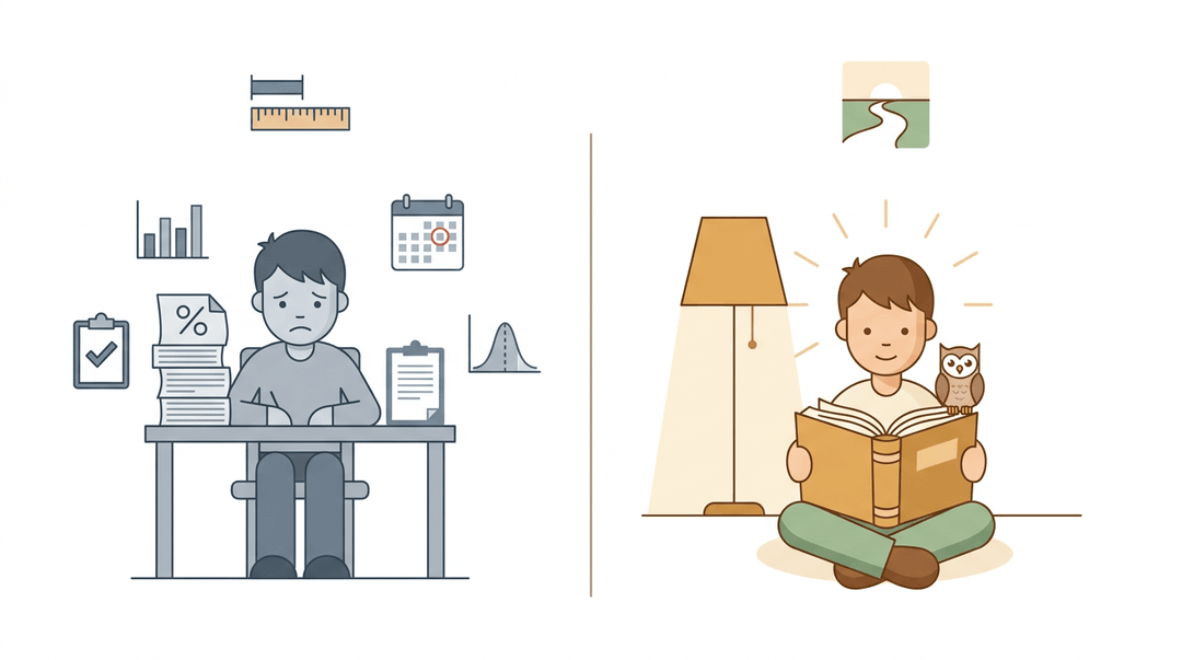 A split image contrasts a stressed student with rigid grades on the left against a calm student reading under warm light on the right.