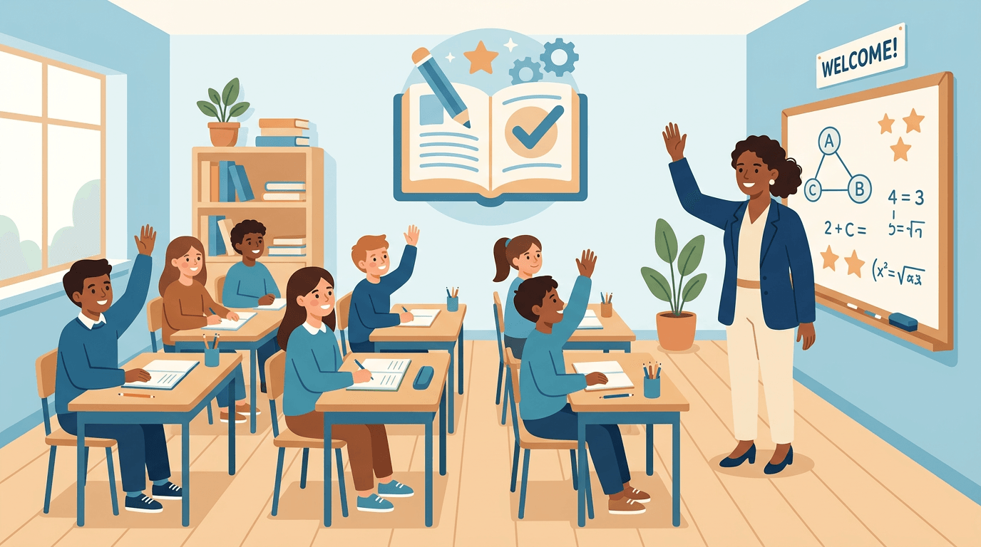 A teacher directs an orderly class of engaged students with raised hands, a large open book subtly in the background.