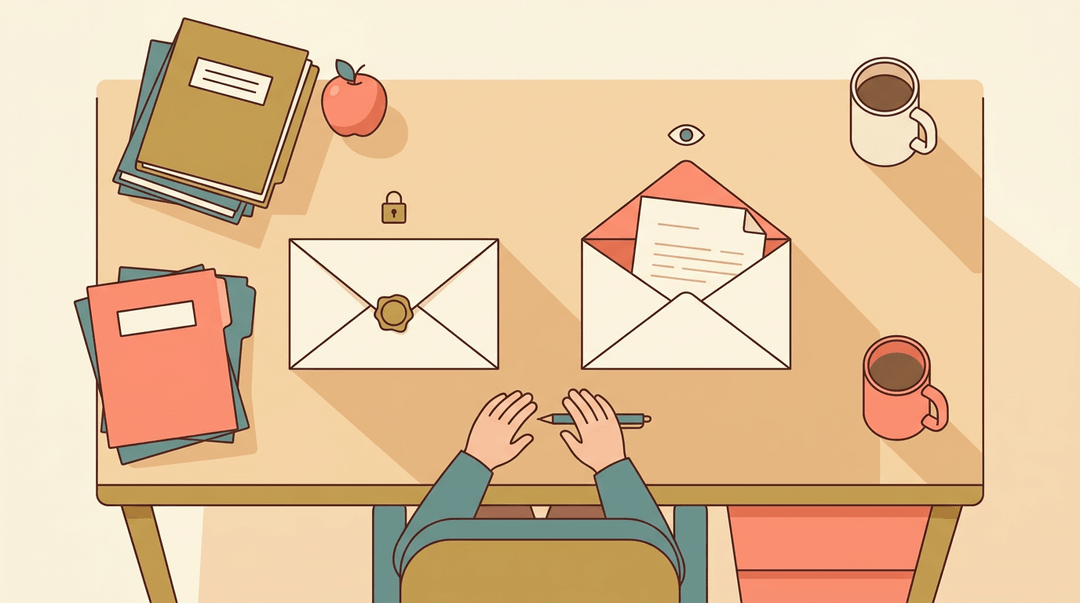 A teacher's desk shows two envelopes: one sealed with a lock icon, the other open with an eye icon, representing privacy versus transparency.