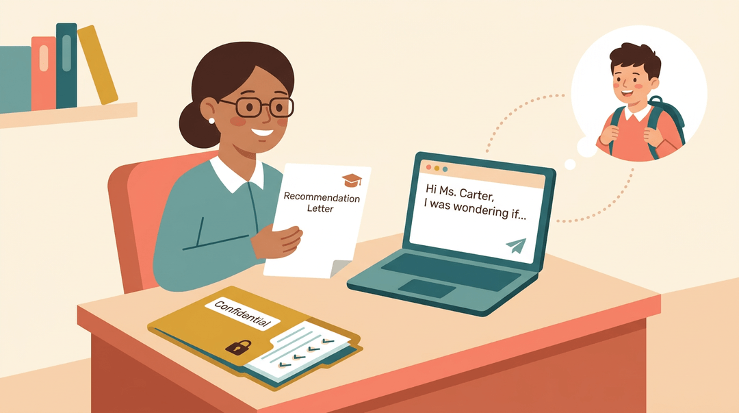 A teacher smiles at her desk, holding a recommendation letter while an email draft and student thought bubble show a polite request.