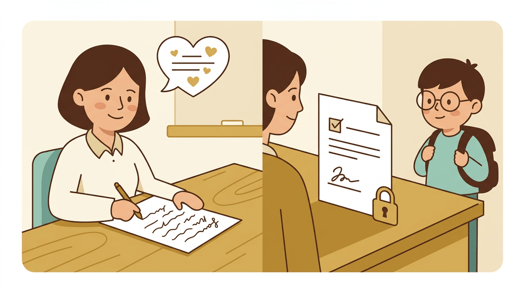 A teacher writes a recommendation letter behind a privacy barrier, illustrating the need for a signed waiver to ensure honest feedback.