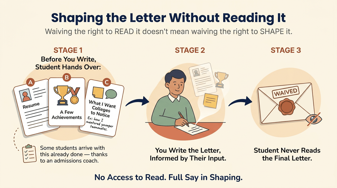 Illustration showing a three-step process where students provide input for recommendation letters they never read.