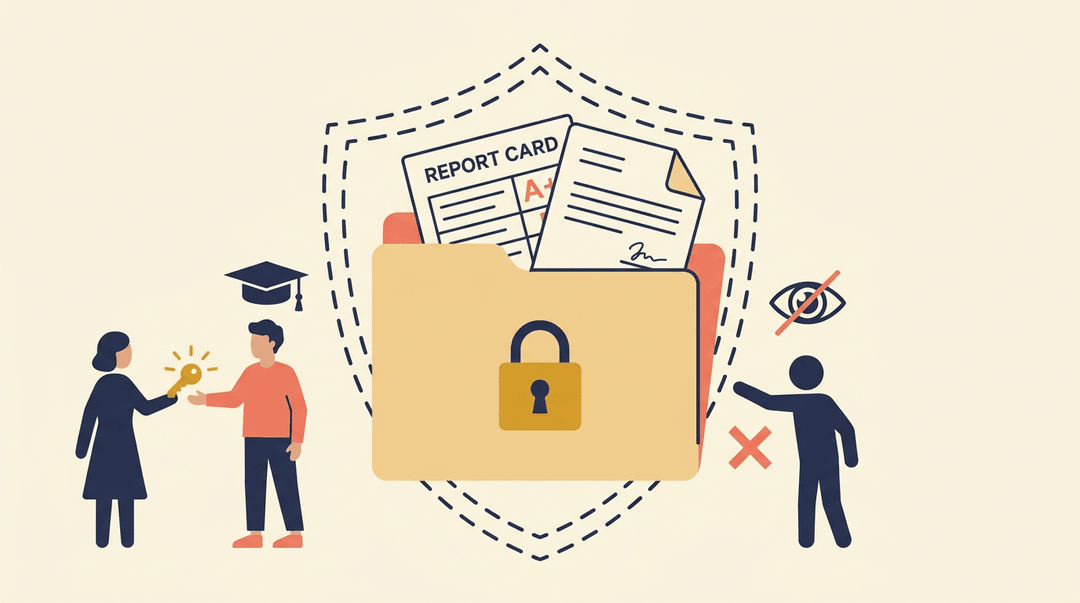 Manila folder with lock and shield icon represents student records, while a parent hands a key to a graduate symbolizing rights transfer.