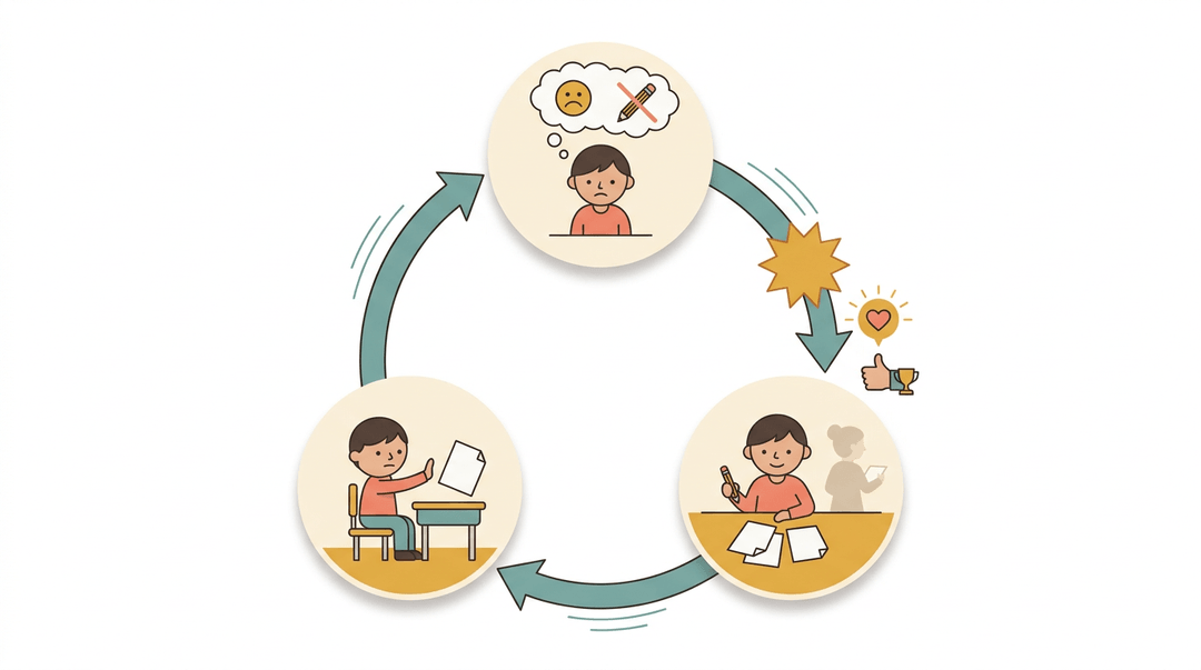 A student's cycle of negative belief, avoided work, and lack of feedback is broken by a small win and encouragement.